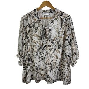 Calvin Klein Floral Tie Neck Blouse Size 3X Sheer Ruffle Boho Cottagecore Office
